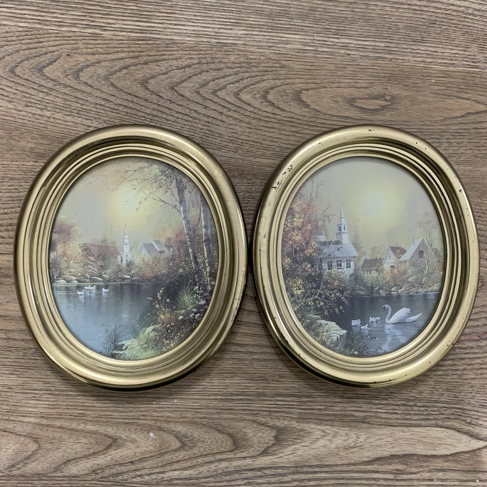 VTG Homco Oval Gold Frame Wall Decor Set 2 Church Swan Duck Cottage Art